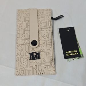 Badgley Mischka Cream Perforated Logo Leather Wristlet with Black Accent